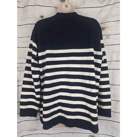 LL Bean Signature Navy Blue Striped Sweater XL Wool Blend Womens Button Neck - Picture 5 of 7